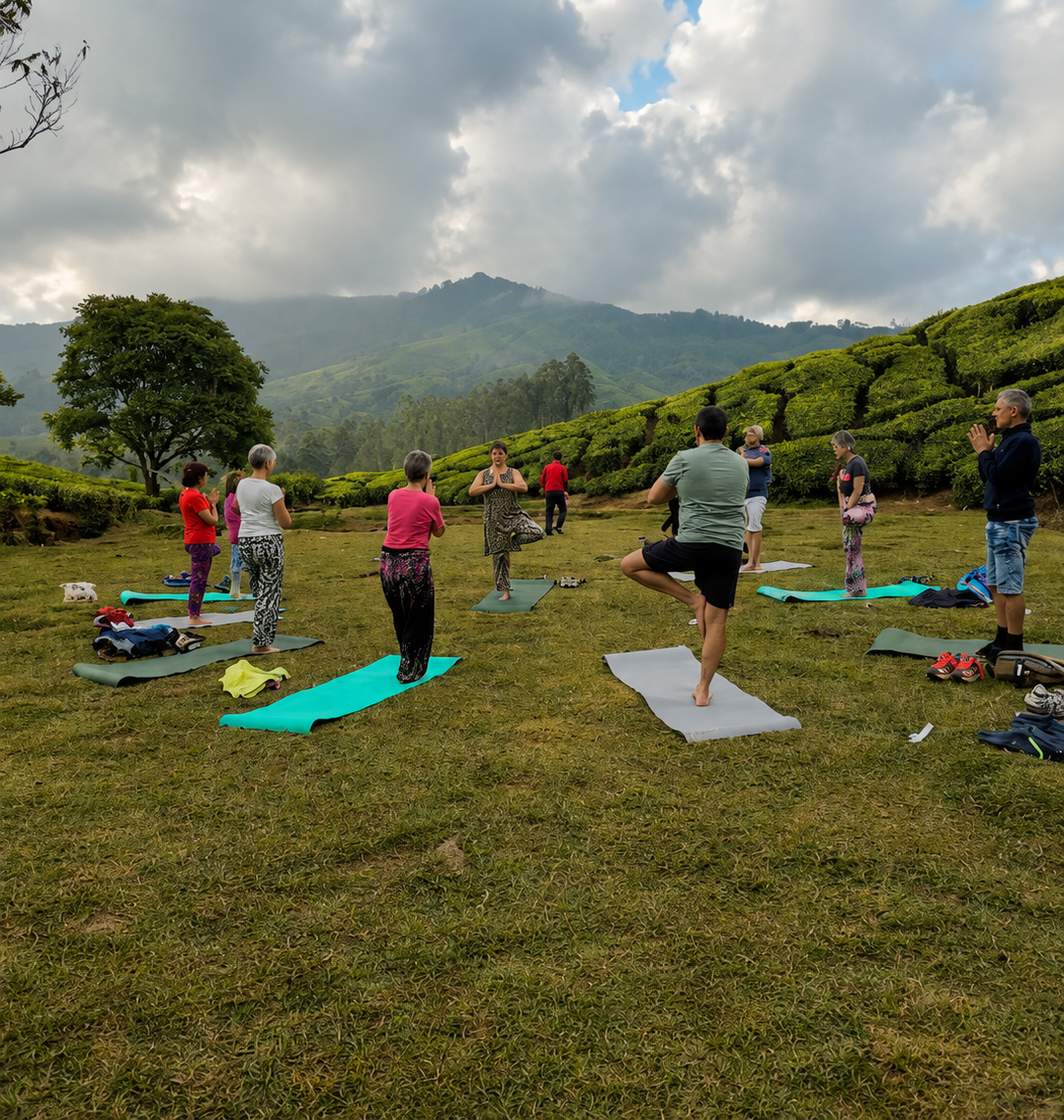 Group practicing morning yoga in the tea gardens, Munnar, Kerala