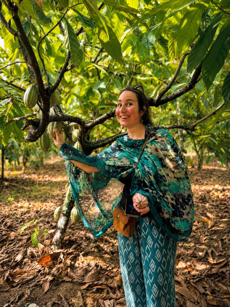 Traveler holding a fresh cocoa pod on a plantation tour, Kerala