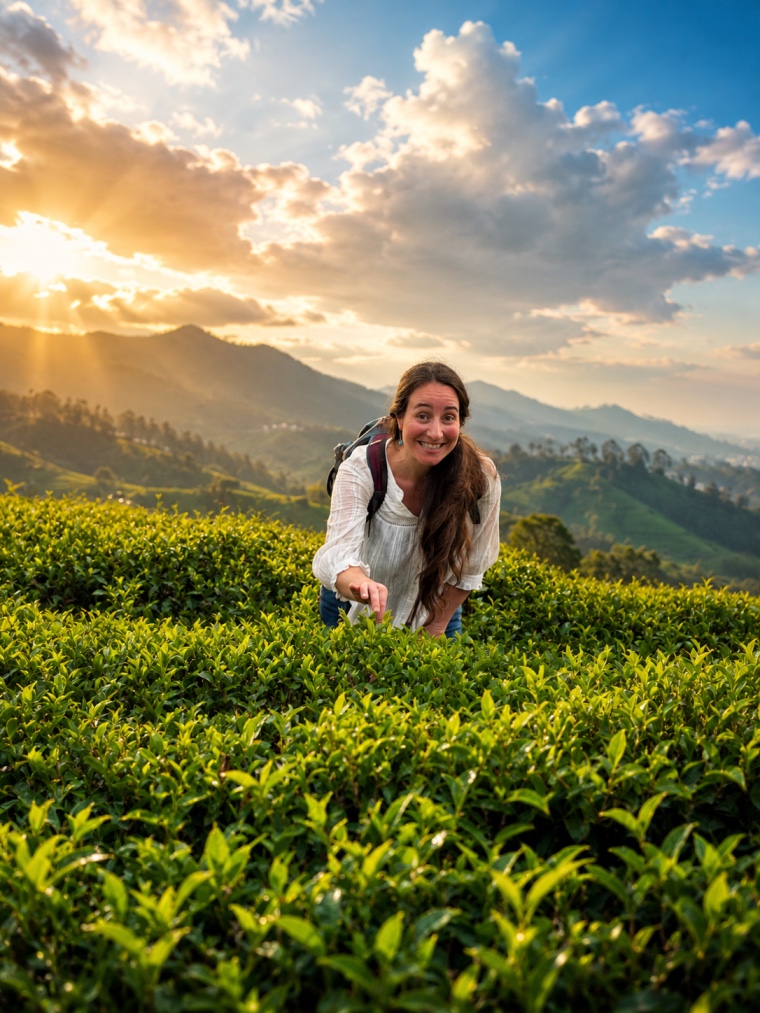 Woman plucking tea leaves at sunrise, Munnar, Kerala