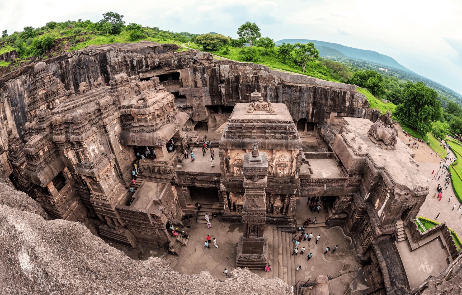 Aerial view of the rock-cut Kailasa temple complex at Ellora, carved from a single basalt cliff