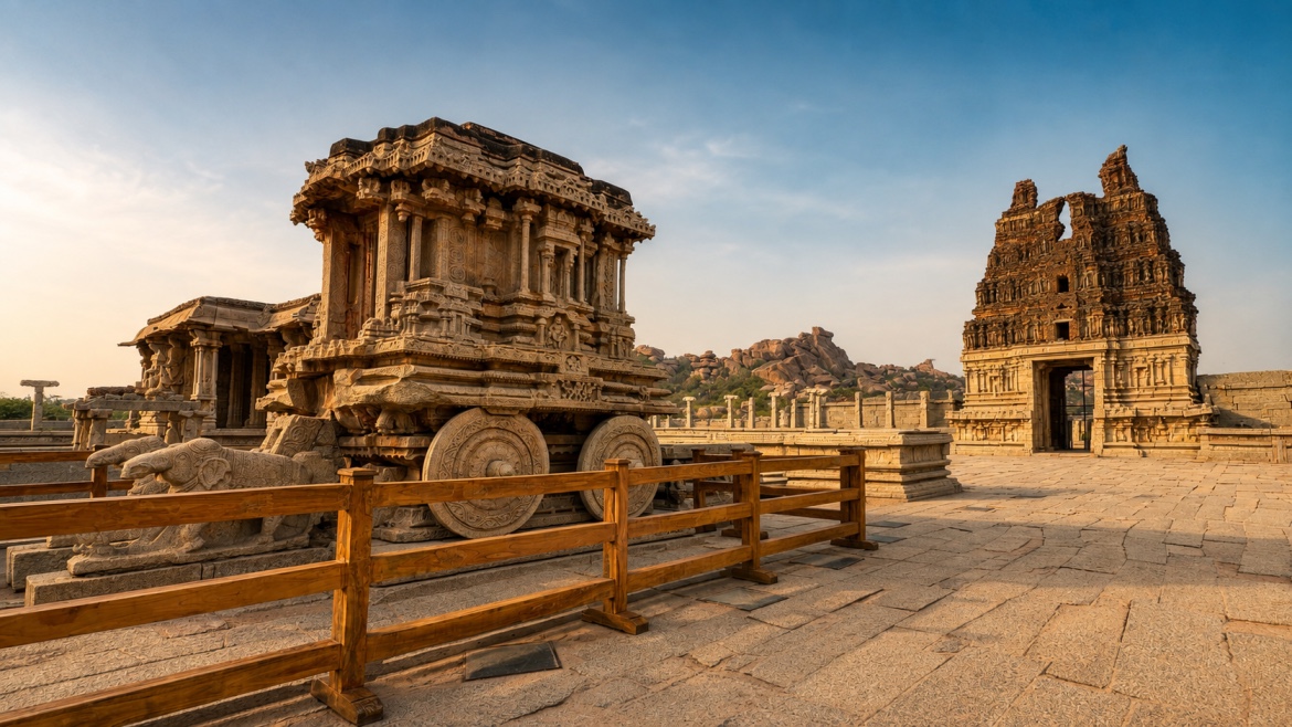 Char de pierre et gopuram du temple de Vittala a Hampi au lever du soleil