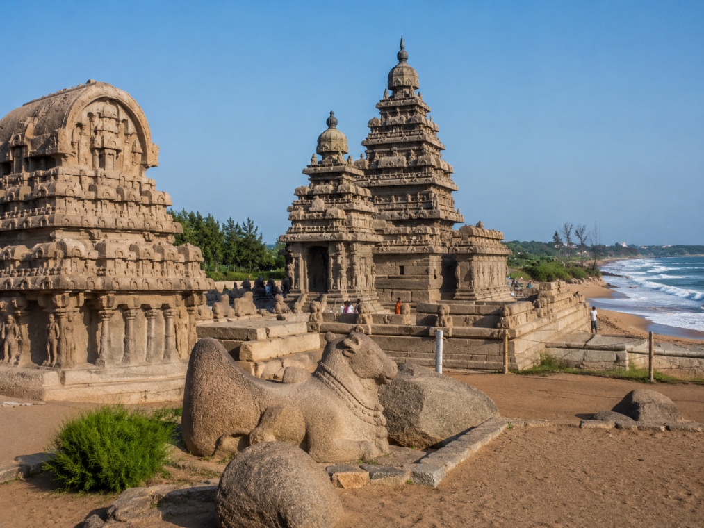 The Shore Temple at Mahabalipuram, a Pallava-era granite temple on the Bay of Bengal near Chennai